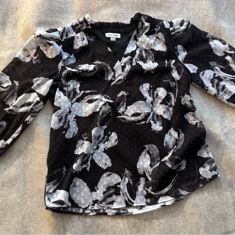 Calvin Klein Black and Gray Floral Blouse